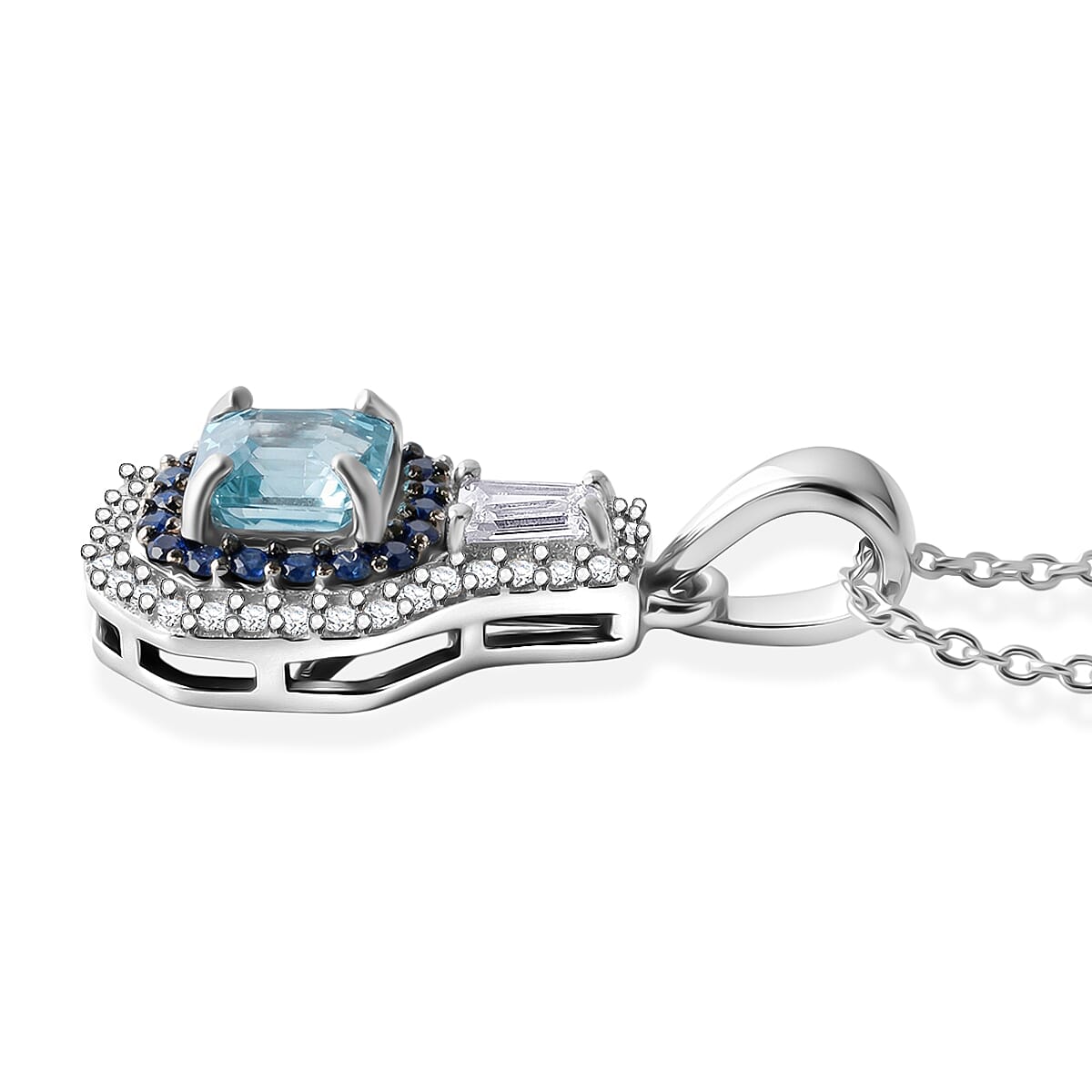 D'Joy Premium Asscher Cut Cambodian Blue Zircon and Multi Gemstone 2.15 ctw Midnight Ocean Crown Pendant Necklace in Rhodium Over Sterling Silver (20 inches) image number 3