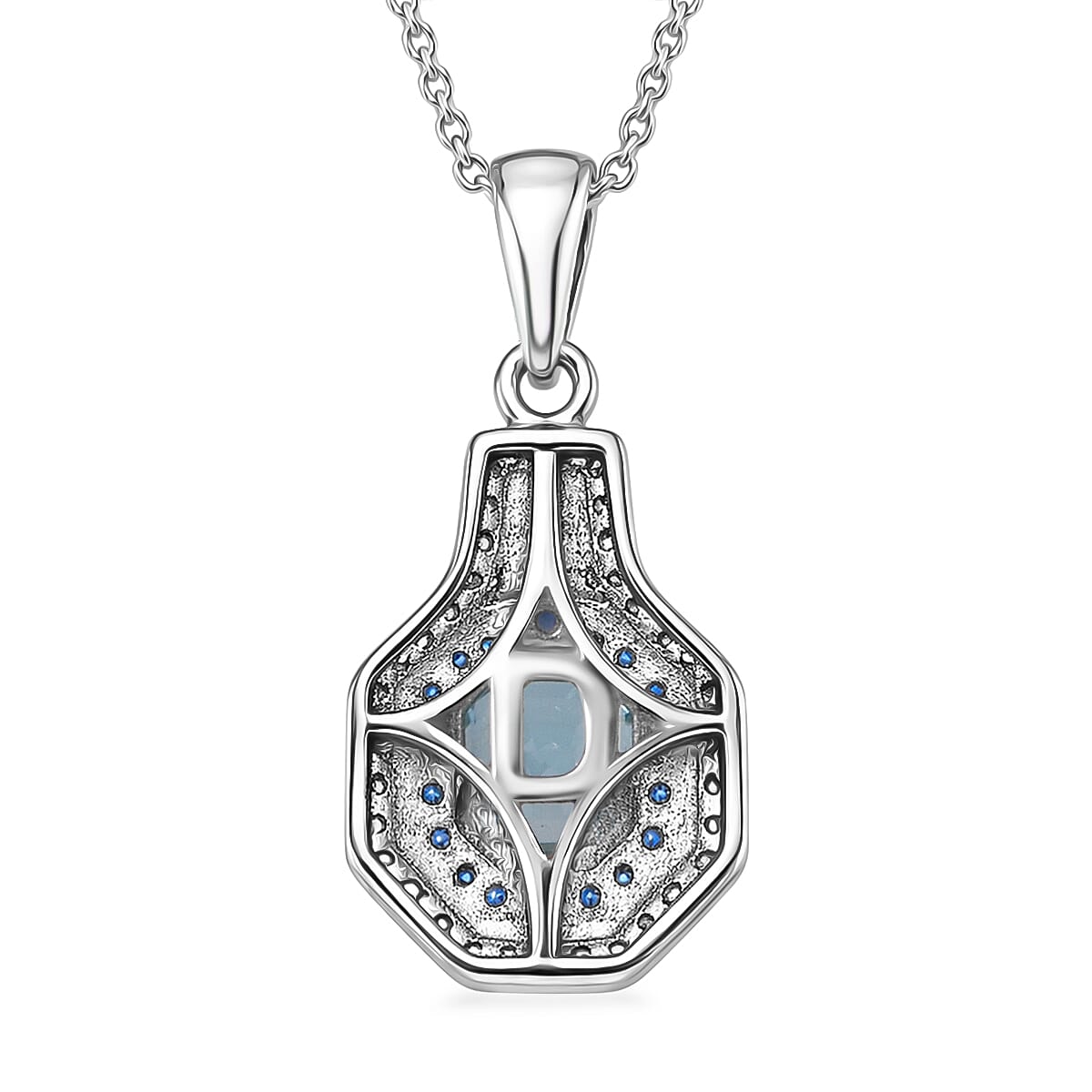 D'Joy Premium Asscher Cut Cambodian Blue Zircon and Multi Gemstone 2.15 ctw Midnight Ocean Crown Pendant Necklace in Rhodium Over Sterling Silver (20 inches)