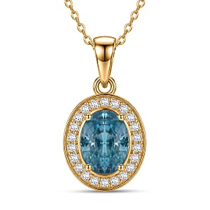 D'Joy Premium Cambodian Blue Zircon and Moissanite 2.10 ctw Ocean Glow Halo Pendant Necklace in 18K Vermeil Yellow Gold Over Sterling Silver 20 Inches