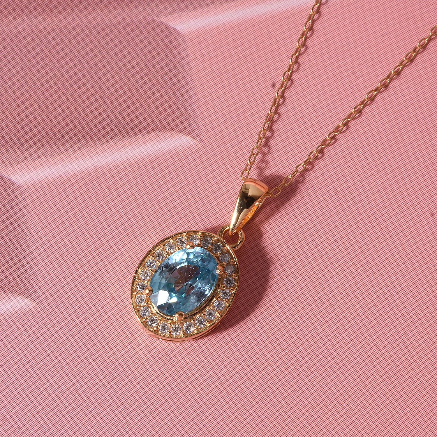 D'Joy Premium Cambodian Blue Zircon and Moissanite 2.10 ctw Ocean Glow Halo Pendant Necklace in 18K Vermeil Yellow Gold Over Sterling Silver 20 Inches
