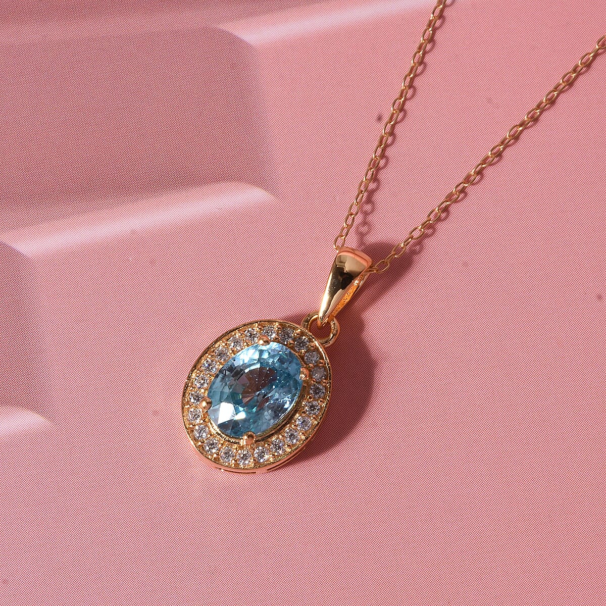 D'Joy Premium Cambodian Blue Zircon and Moissanite 2.10 ctw Ocean Glow Halo Pendant Necklace in 18K Vermeil Yellow Gold Over Sterling Silver 20 Inches image number 1