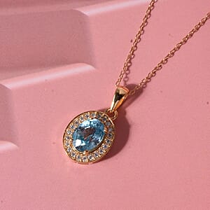 D'Joy Premium Cambodian Blue Zircon and Moissanite 2.10 ctw Ocean Glow Halo Pendant Necklace in 18K Vermeil Yellow Gold Over Sterling Silver 20 Inches