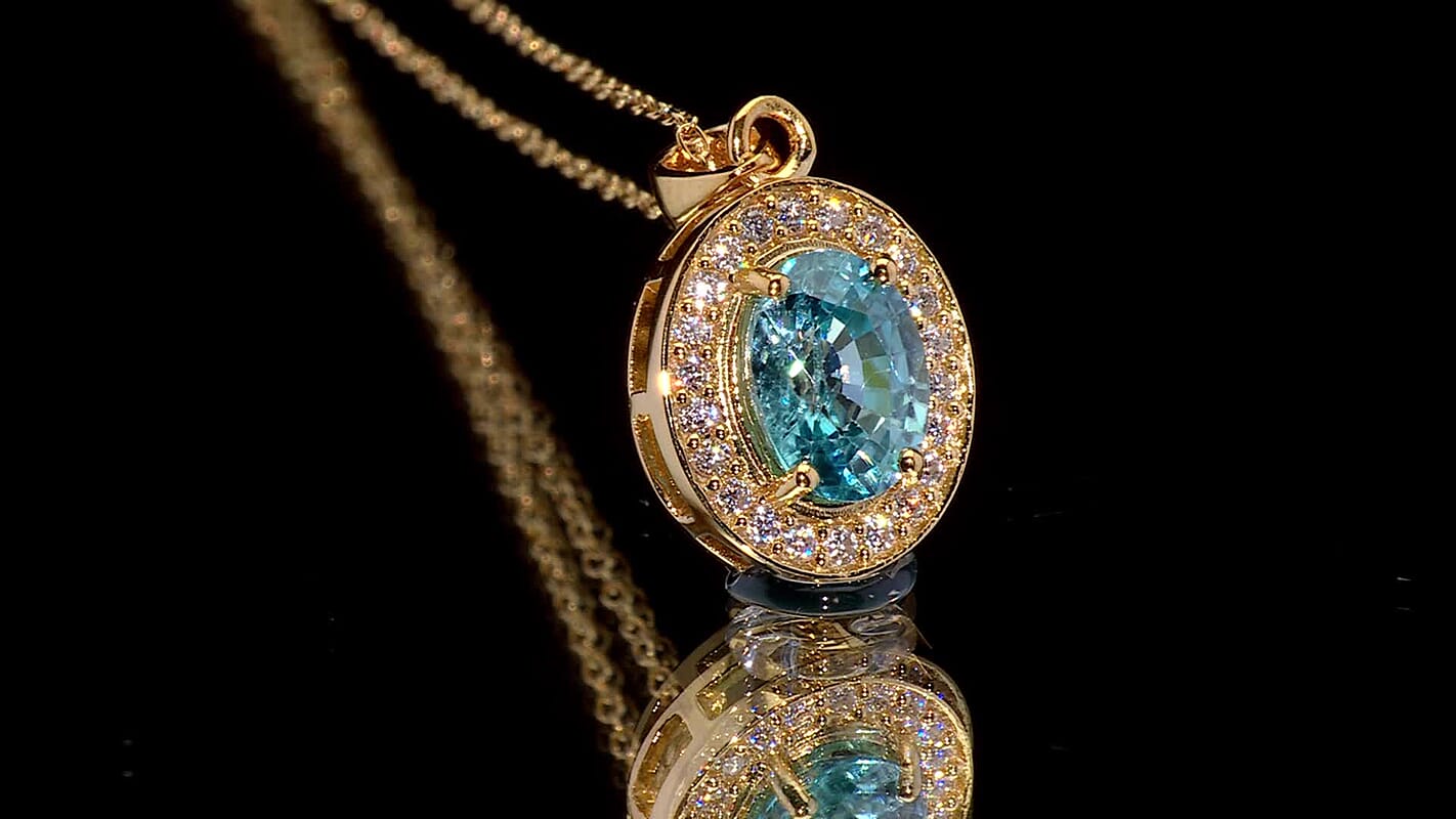 D'Joy Premium Cambodian Blue Zircon and Moissanite 2.10 ctw Ocean Glow Halo Pendant Necklace in 18K Vermeil Yellow Gold Over Sterling Silver 20 Inches