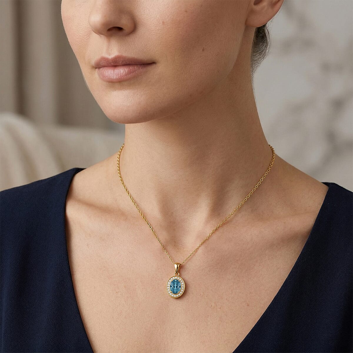 D'Joy Premium Cambodian Blue Zircon and Moissanite 2.10 ctw Ocean Glow Halo Pendant Necklace in 18K Vermeil Yellow Gold Over Sterling Silver 20 Inches image number 2