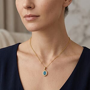 D'Joy Premium Cambodian Blue Zircon and Moissanite 2.10 ctw Ocean Glow Halo Pendant Necklace in 18K Vermeil Yellow Gold Over Sterling Silver 20 Inches