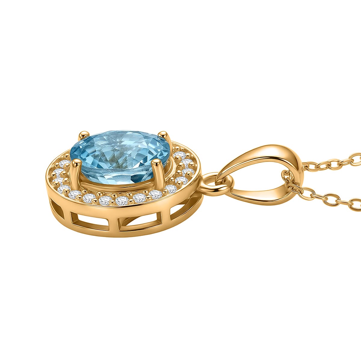D'Joy Premium Cambodian Blue Zircon and Moissanite 2.10 ctw Ocean Glow Halo Pendant Necklace in 18K Vermeil Yellow Gold Over Sterling Silver 20 Inches image number 3