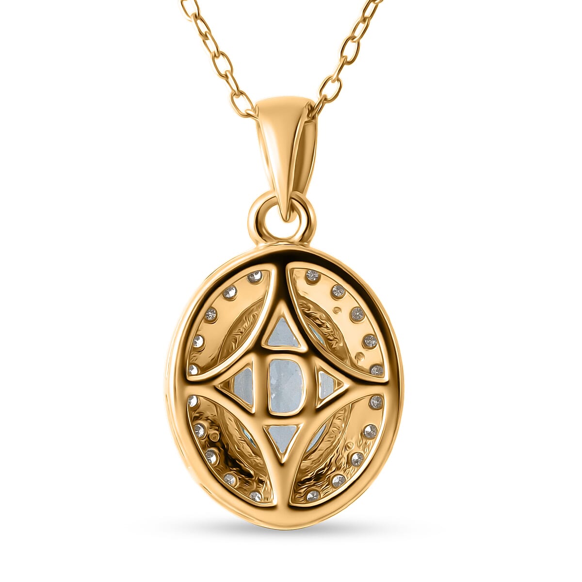 D'Joy Premium Cambodian Blue Zircon and Moissanite 2.10 ctw Ocean Glow Halo Pendant Necklace in 18K Vermeil Yellow Gold Over Sterling Silver 20 Inches