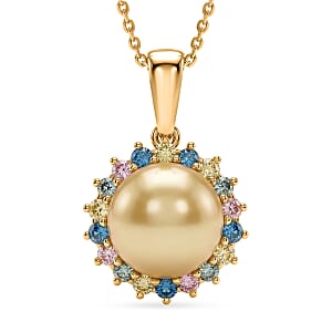 Premium South Seal Golden Pearl and Luxuriant Lab Grown Multi Diamond SI 0.60 ctw Rainbow Halo Pendant Necklace in 18K Vermeil Yellow Gold Over Sterling Silver 20 Inches