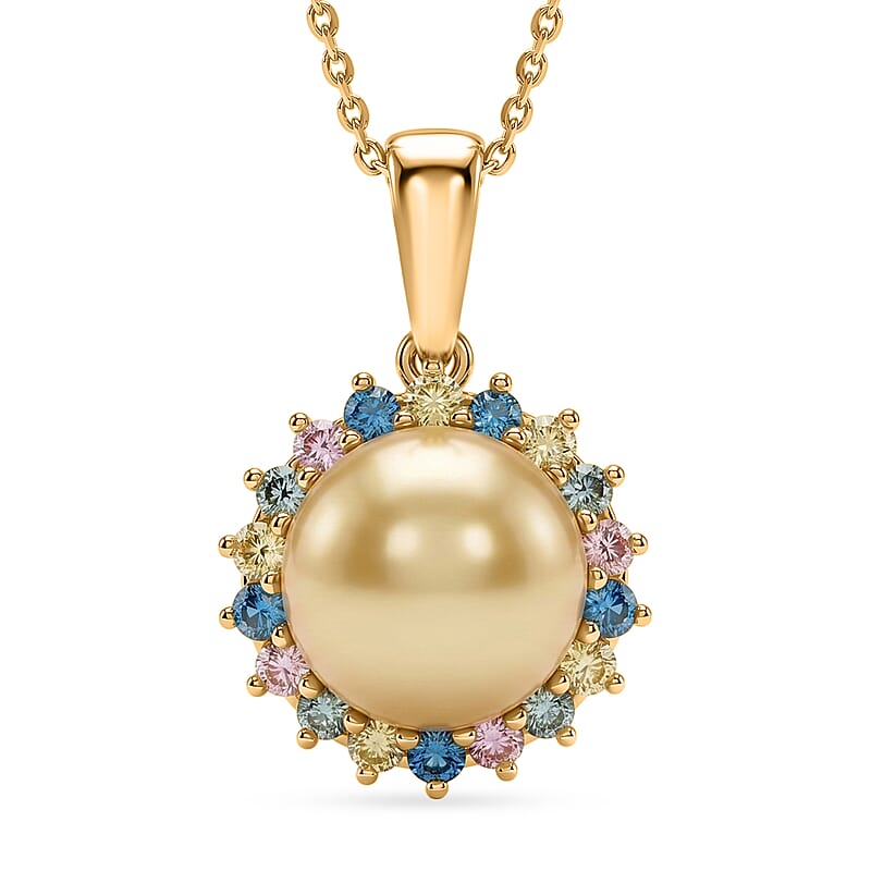 Premium South Seal Golden Pearl and Luxuriant Lab Grown Multi Diamond SI 0.60 ctw Rainbow Halo Pendant Necklace in 18K Vermeil Yellow Gold Over Sterling Silver 20 Inches