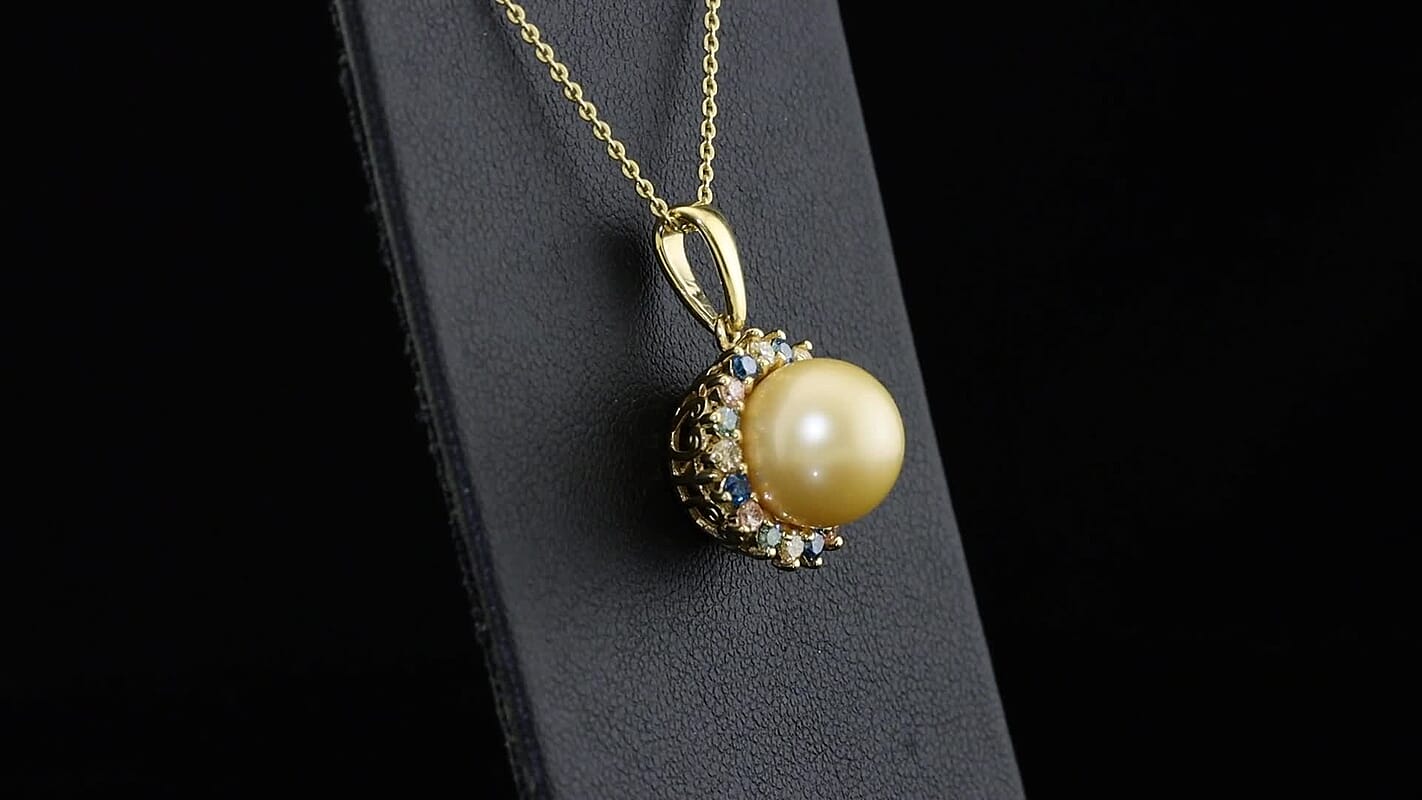 Premium Golden South Seal Pearl 9-11mm, Luxuriant Lab Grown Multi Diamond (SI) Pendant Necklace (20 Inches) in 18K Vermeil YG Over Sterling Silver 0.60 ctw
