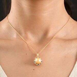 Premium South Seal Golden Pearl and Luxuriant Lab Grown Multi Diamond SI 0.60 ctw Rainbow Halo Pendant Necklace in 18K Vermeil Yellow Gold Over Sterling Silver 20 Inches