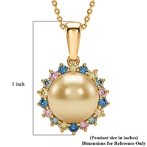 Premium South Seal Golden Pearl and Luxuriant Lab Grown Multi Diamond SI 0.60 ctw Rainbow Halo Pendant Necklace in 18K Vermeil Yellow Gold Over Sterling Silver 20 Inches