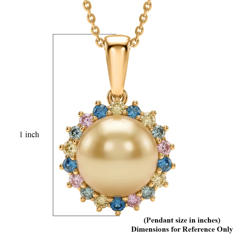 Premium South Seal Golden Pearl and Luxuriant Lab Grown Multi Diamond SI 0.60 ctw Rainbow Halo Pendant Necklace in 18K Vermeil Yellow Gold Over Sterling Silver 20 Inches