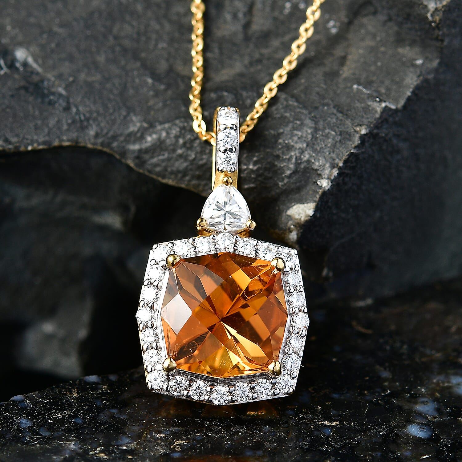 Certified & Appraised D'Joy Brazilian Citrine and Moissanite 4.35 ctw Pendant Necklace in 18K Vermeil Yellow Gold Over Sterling Silver 20 Inches