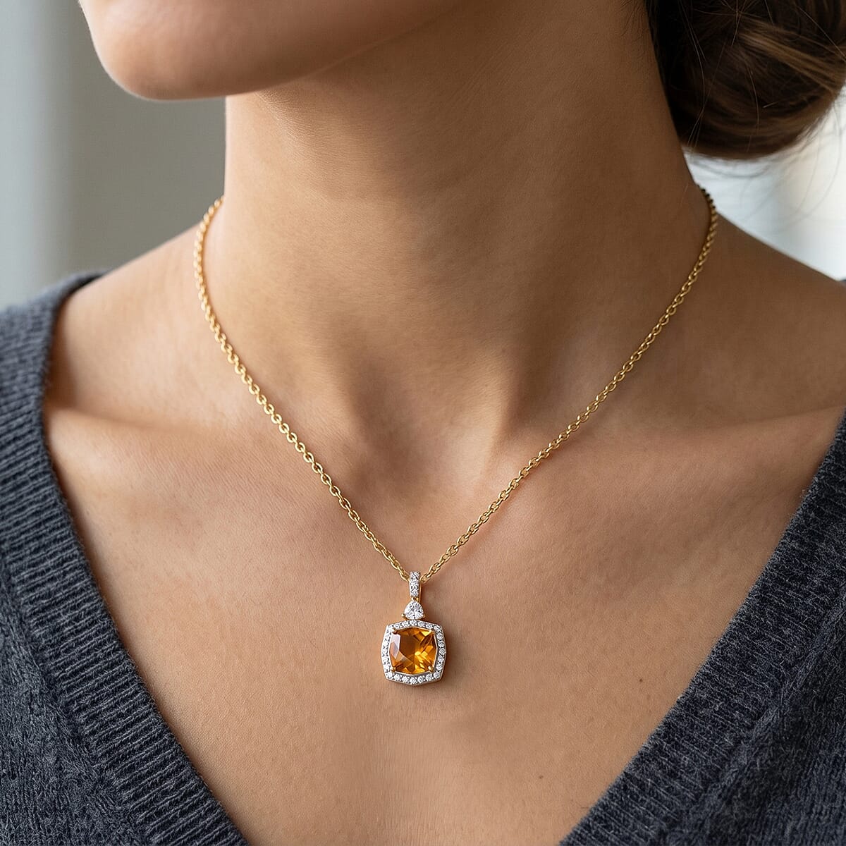 Certified & Appraised D'Joy Brazilian Citrine and Moissanite 4.35 ctw Pendant Necklace in 18K Vermeil Yellow Gold Over Sterling Silver 20 Inches image number 2