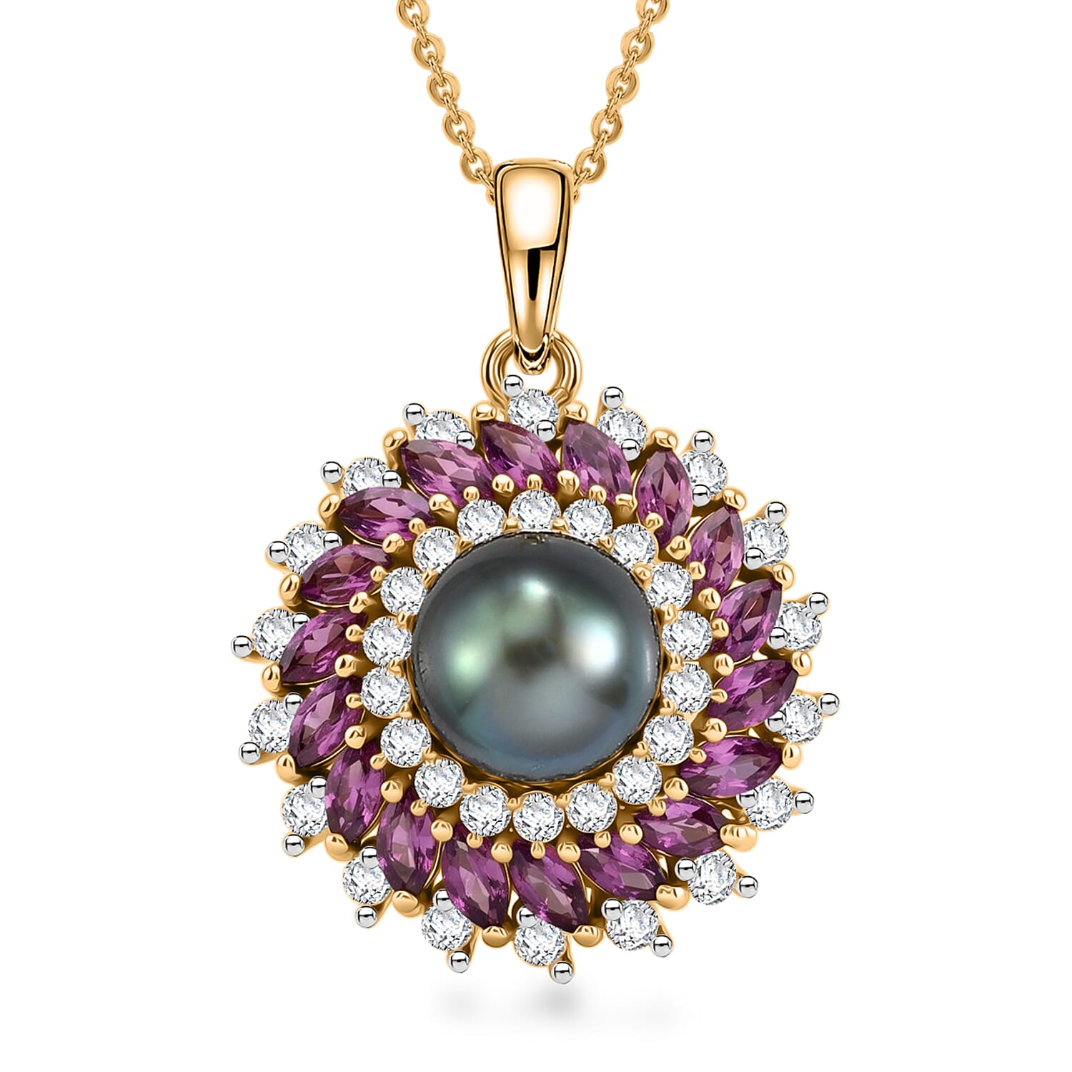 D'Joy Premium Tahitian Pearl and Multi Gemstone 3.10 ctw Royal Bloom Pendant Necklace in 18K Vermeil Yellow Gold Over Sterling S