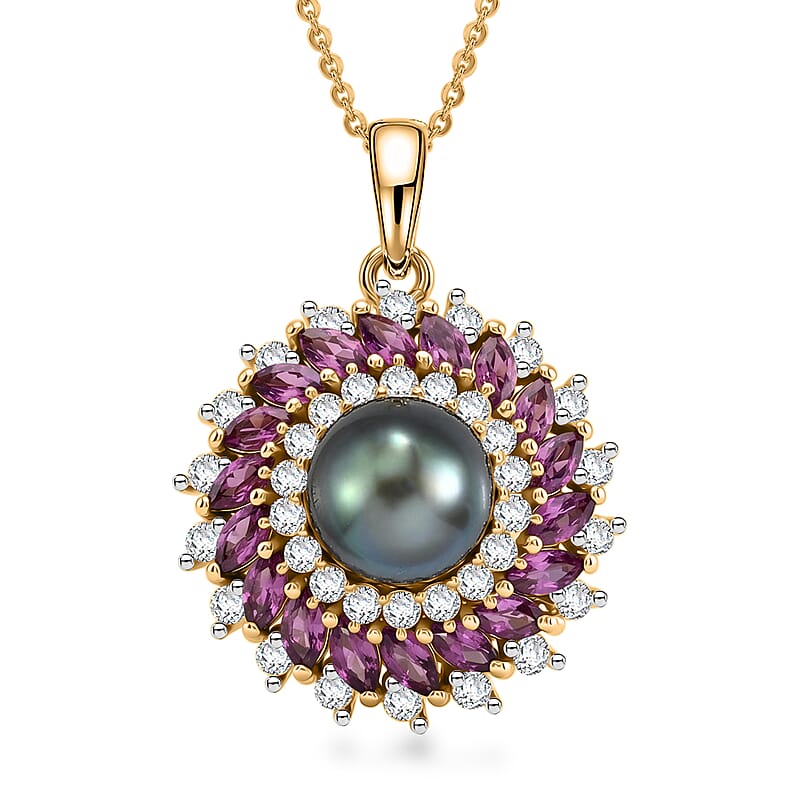 D'Joy Premium Tahitian Pearl and Multi Gemstone 3.10 ctw Royal Bloom Pendant Necklace in 18K Vermeil Yellow Gold Over Sterling Silver 20 Inches