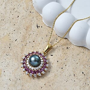 D'Joy Premium Tahitian Pearl and Multi Gemstone 3.10 ctw Royal Bloom Pendant Necklace in 18K Vermeil Yellow Gold Over Sterling Silver 20 Inches
