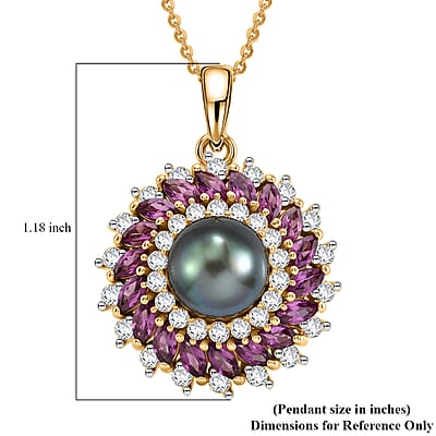 D'Joy Premium Tahitian Pearl and Multi Gemstone 3.10 ctw Royal Bloom Pendant Necklace in 18K Vermeil Yellow Gold Over Sterling Silver 20 Inches