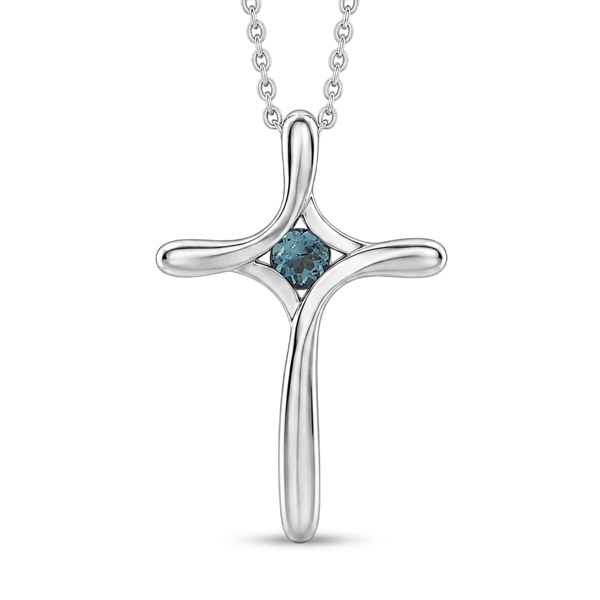 D'Joy AAA Monte Belo Indicolite 0.10 ctw Cross Pendant Necklace in Rhodium Over Sterling Silver 20 Inches