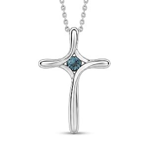 D'Joy AAA Monte Belo Indicolite 0.10 ctw Cross Pendant Necklace in Rhodium Over Sterling Silver 20 Inches