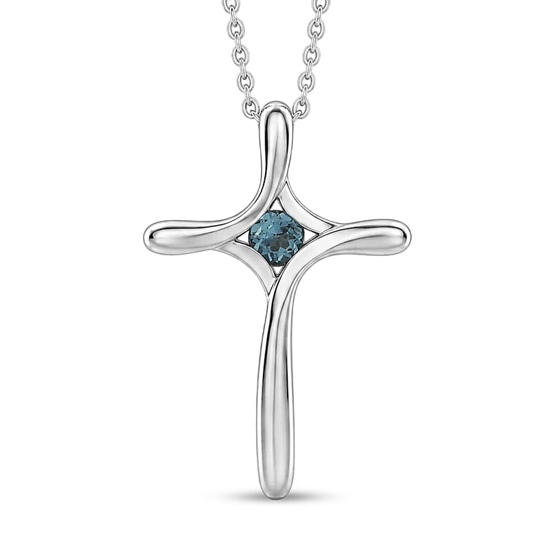 D'Joy AAA Monte Belo Indicolite 0.10 ctw Cross Pendant Necklace in Rhodium Over Sterling Silver 20 Inches