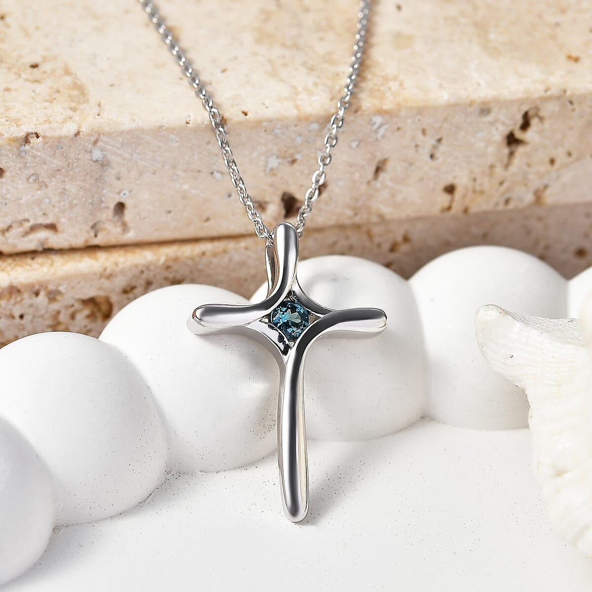 D'Joy AAA Monte Belo Indicolite 0.10 ctw Cross Pendant Necklace in Rhodium Over Sterling Silver 20 Inches image number 1