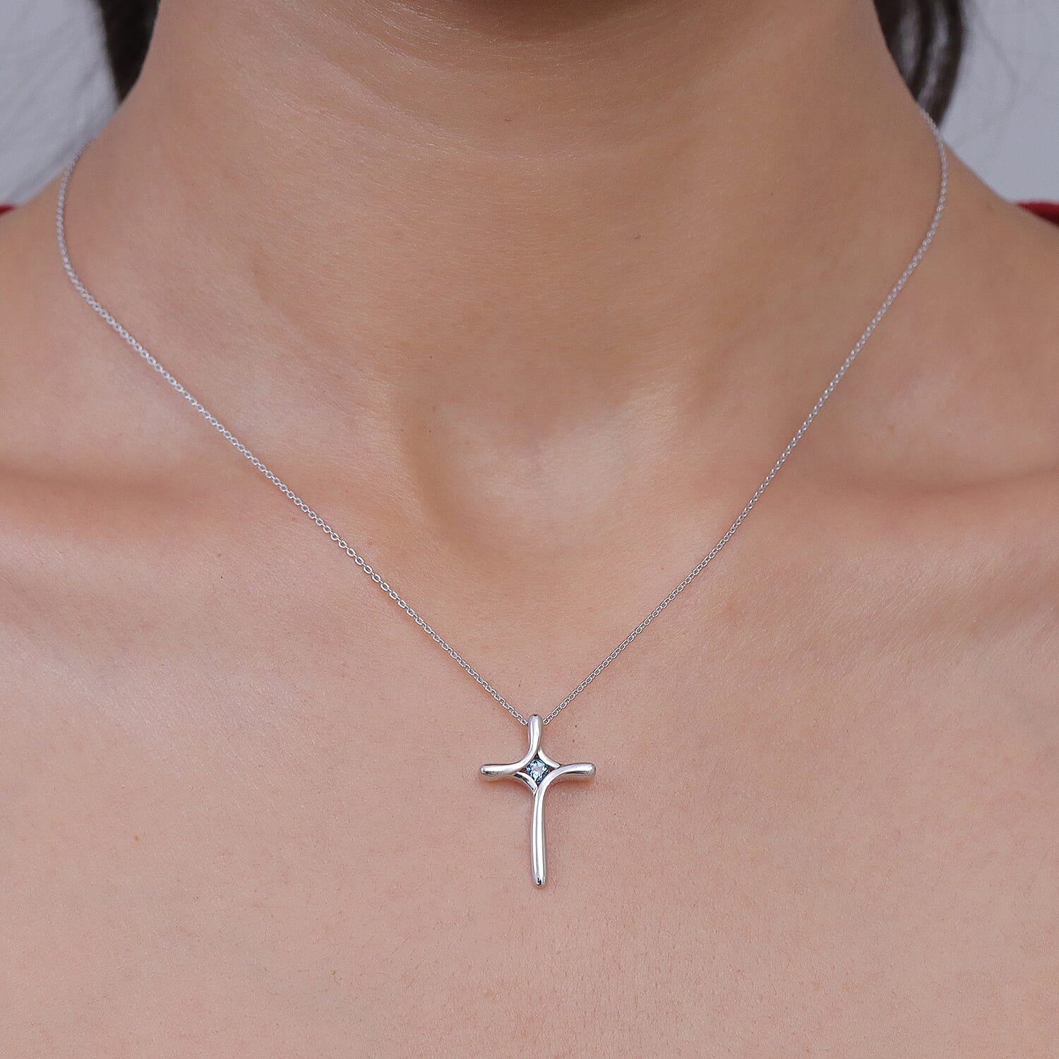 D'Joy AAA Monte Belo Indicolite 0.10 ctw Cross Pendant Necklace in Rhodium Over Sterling Silver 20 Inches