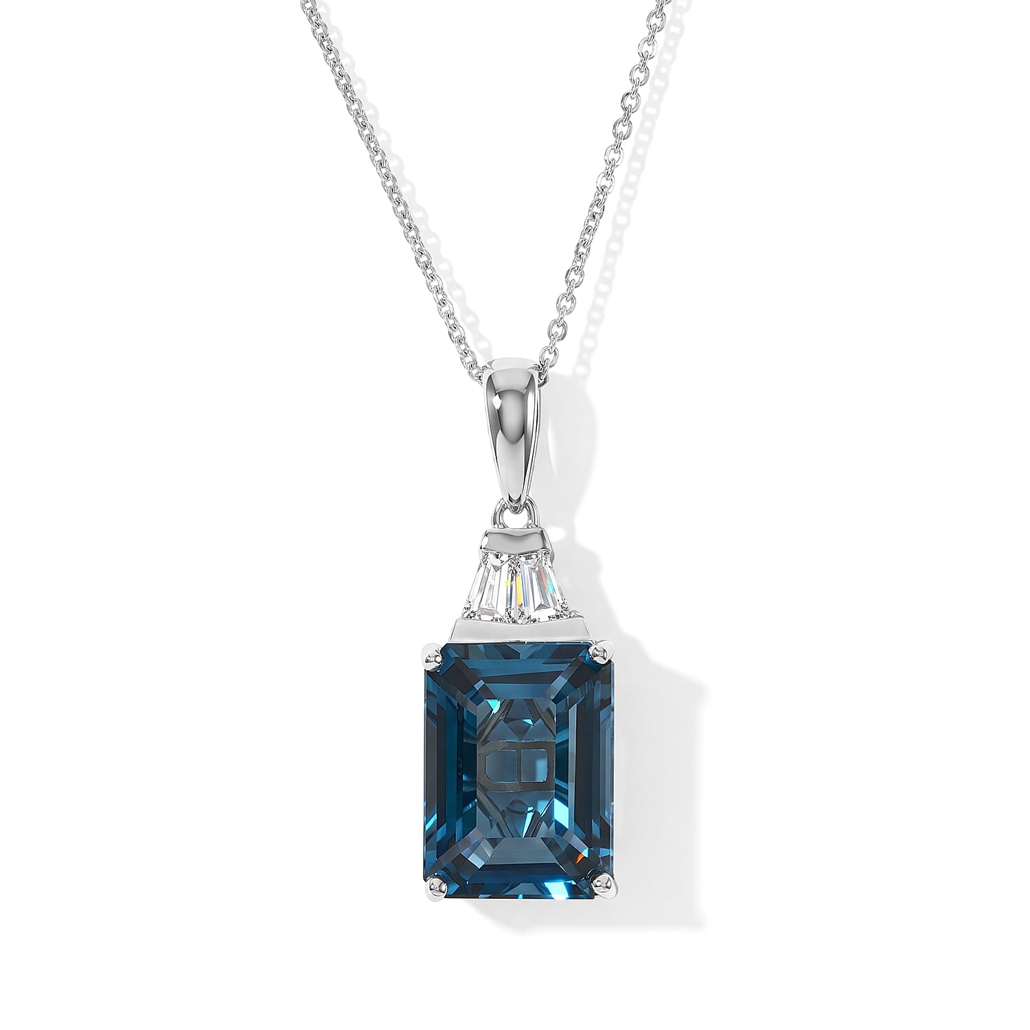 D'Joy AAA London Blue Topaz and Moissanite 9.00 ctw Pendant Necklace in Rhodium Over Sterling Silver 20 Inches