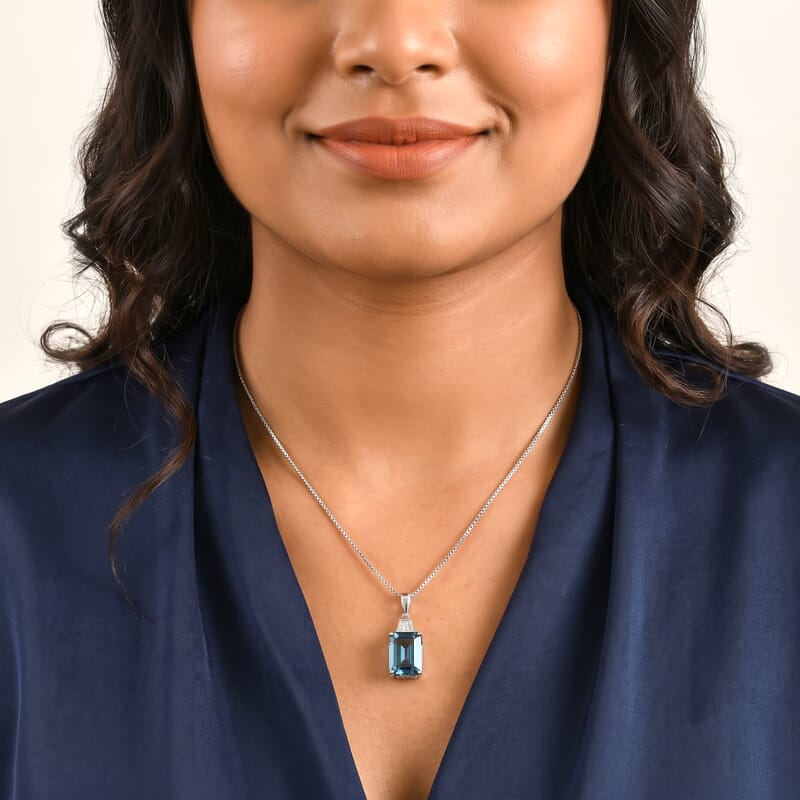 D'Joy AAA London Blue Topaz and Moissanite 9.00 ctw Pendant Necklace in Rhodium Over Sterling Silver 20 Inches
