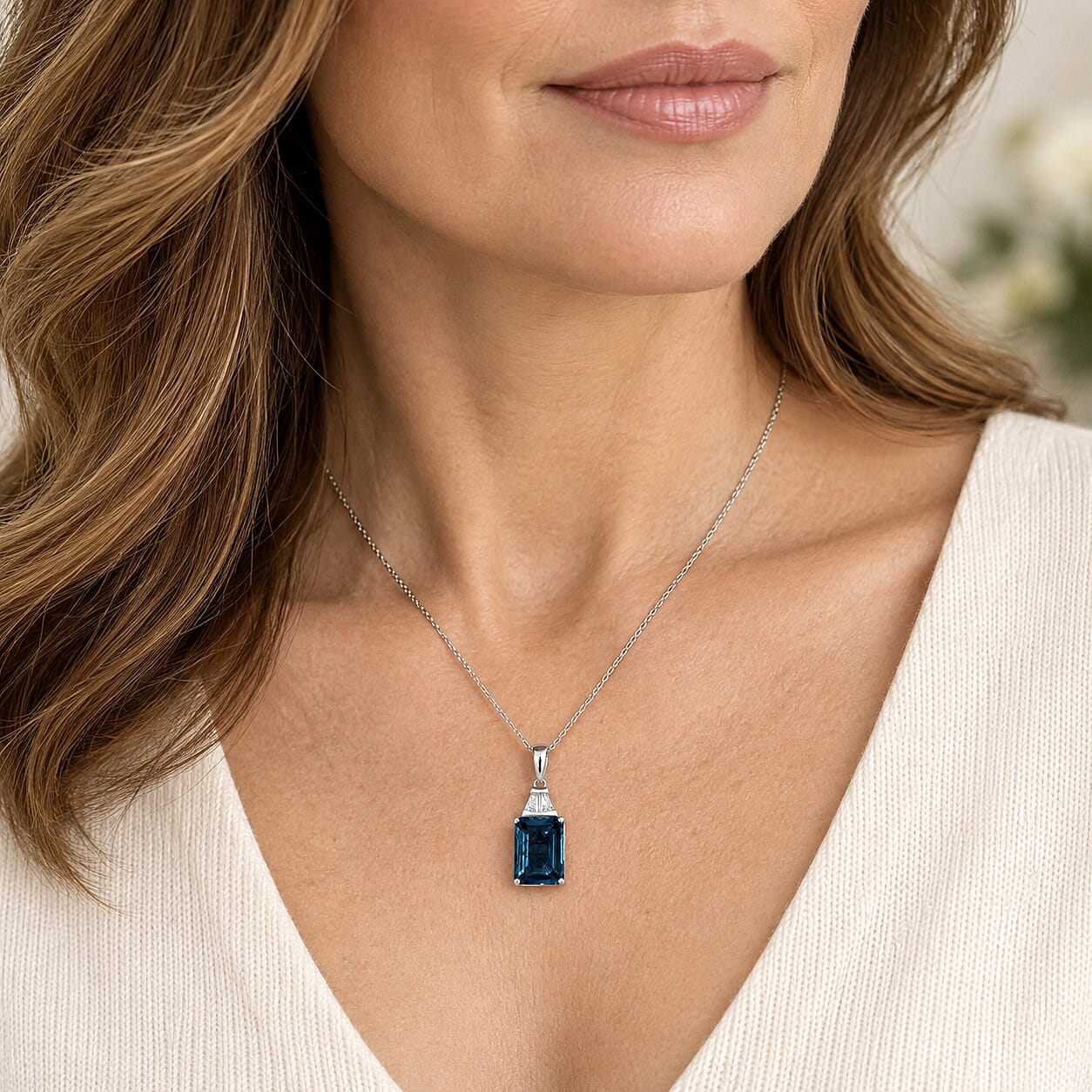 D'Joy AAA London Blue Topaz and Moissanite 9.00 ctw Pendant Necklace in Rhodium Over Sterling Silver 20 Inches