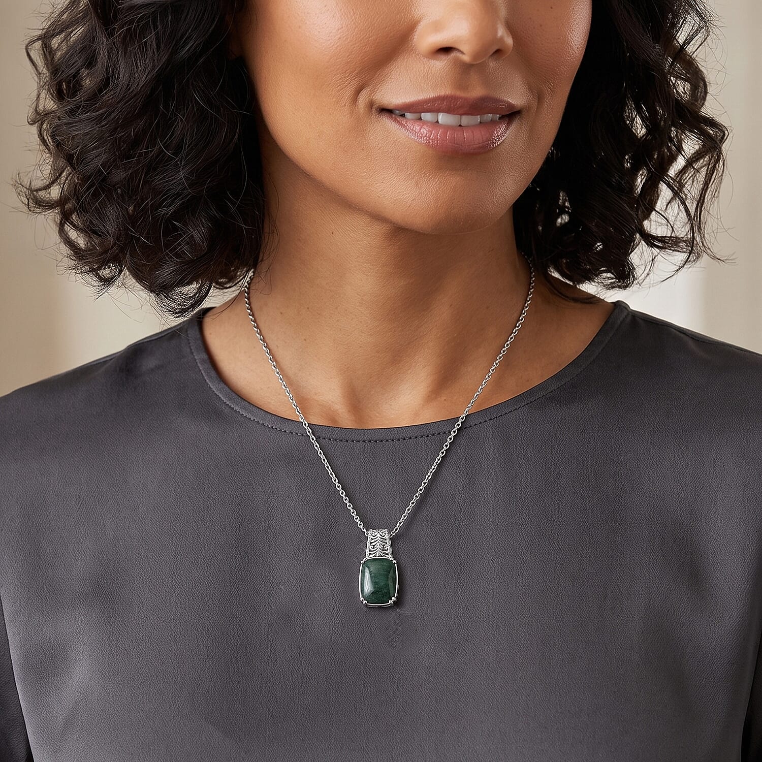 EverTure Green Aventurine 11.20 ctw Pendant in Platinum Over Copper with Stainless Steel Necklace 20 Inches