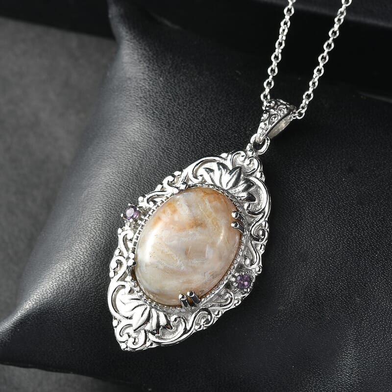EverTrue Crazy Lace Agate and African Amethyst 15.35 ctw Pendant Necklace in Stainless Steel 20 Inches