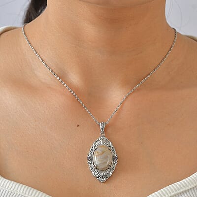 EverTrue Crazy Lace Agate and African Amethyst 15.35 ctw Pendant Necklace in Stainless Steel 20 Inches
