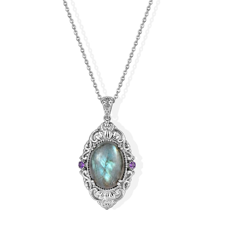 EverTrue Malagasy Labradorite and Amethyst 16.85 ctw Pendant Necklace (20 Inches) in Stainless Steel