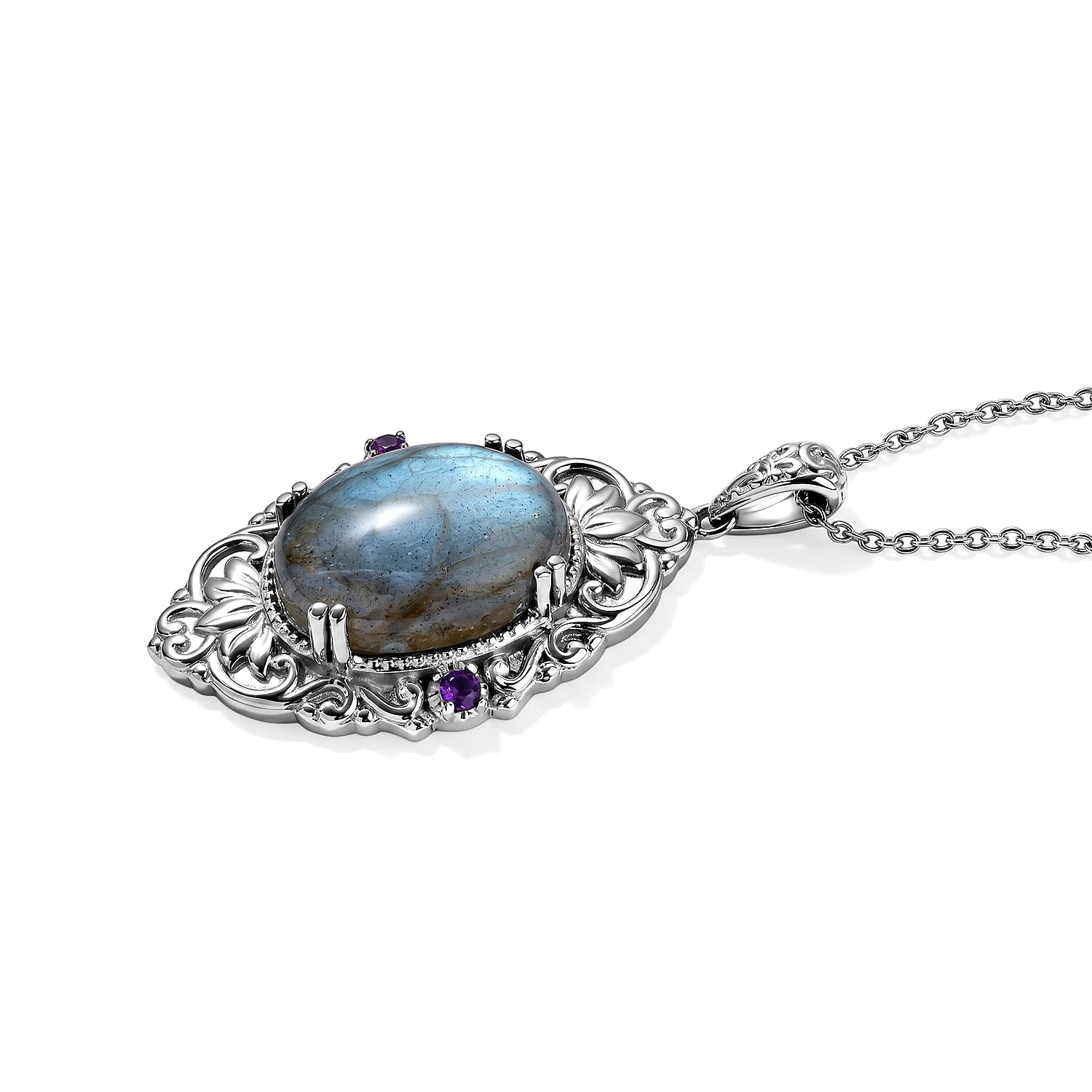 EverTrue Malagasy Labradorite and Amethyst 16.85 ctw Pendant Necklace (20 Inches) in Stainless Steel