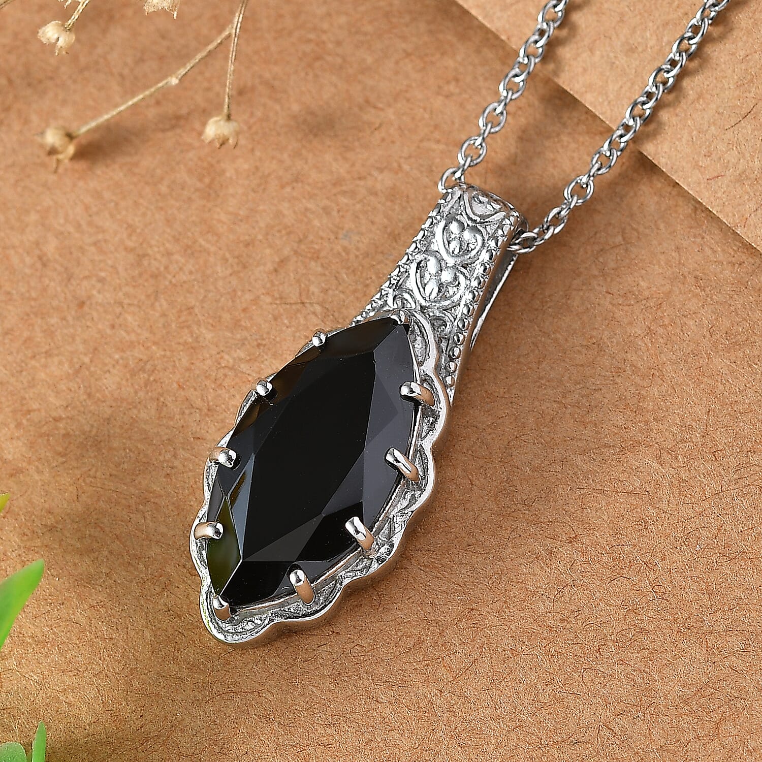 EverTrue Thai Black Spinel 9.80 ctw Pendant Necklace in Stainless Steel 20 Inches