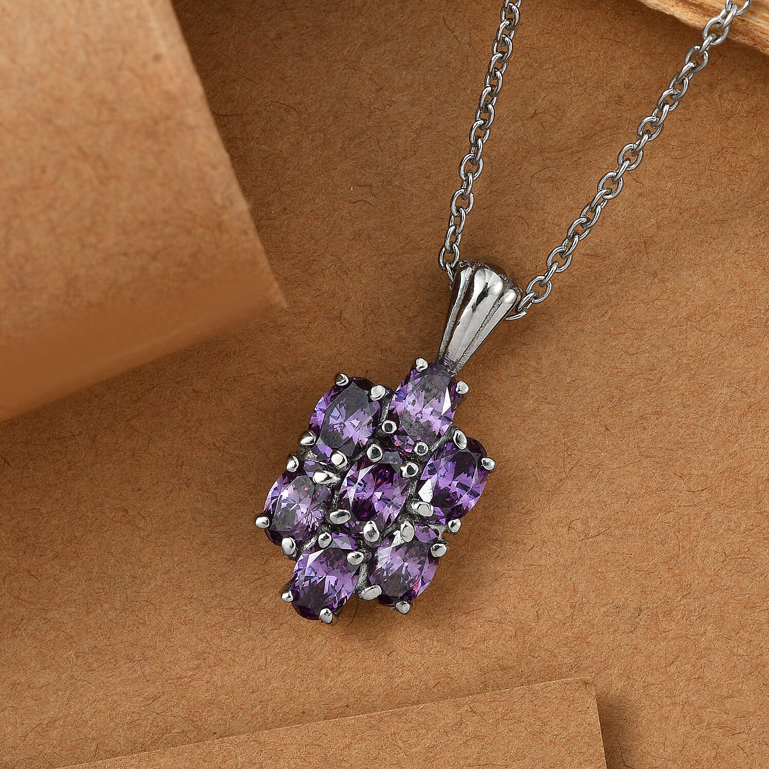 EverTrue Simulated Amethyst Color Diamond Pendant Necklace in Stainless Steel 20 Inches