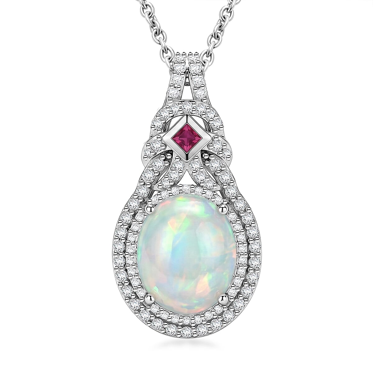 D'Joy Premium Ethiopian Welo Opal and Multi Gemstone 4.00 ctw Pendant in Rhodium Over Sterling Silver with Stainless Steel Necklace 20 Inches