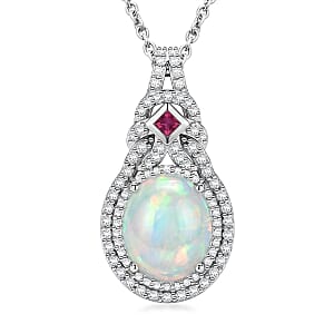 D'Joy Premium Ethiopian Welo Opal and Multi Gemstone 4.00 ctw Pendant in Rhodium Over Sterling Silver with Stainless Steel Necklace 20 Inches