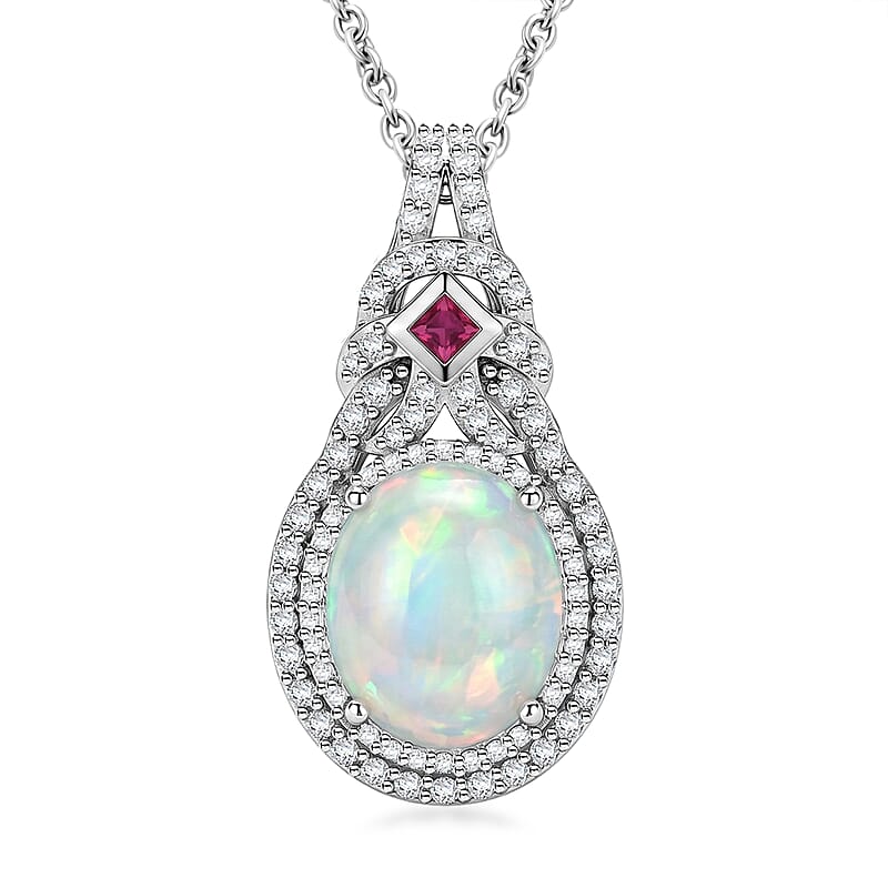 D'Joy Premium Ethiopian Welo Opal and Multi Gemstone 4.00 ctw Mystic Lace Pendant in Rhodium Over Sterling Silver with Stainless Steel Necklace 20 Inches