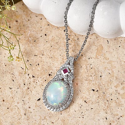 D'Joy Premium Ethiopian Welo Opal and Multi Gemstone 4.00 ctw Mystic Lace Pendant in Rhodium Over Sterling Silver with Stainless Steel Necklace 20 Inches