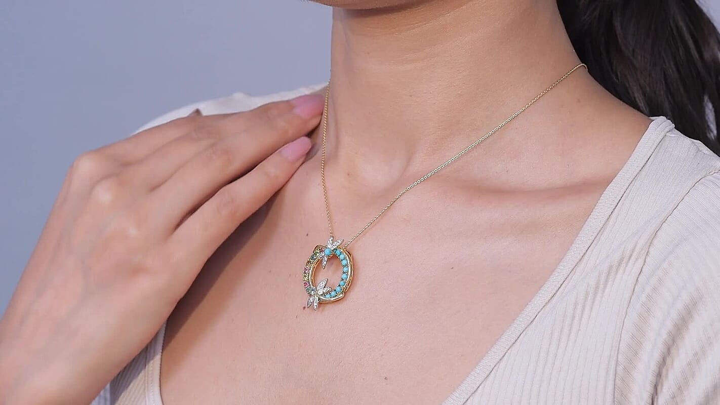GP Trionfo Collection Multi-Tourmaline and White Zircon 2.60 ctw Dragonfly Pendant Necklace in 18K Vermeil Yellow Gold Over Sterling Silver 20 Inches