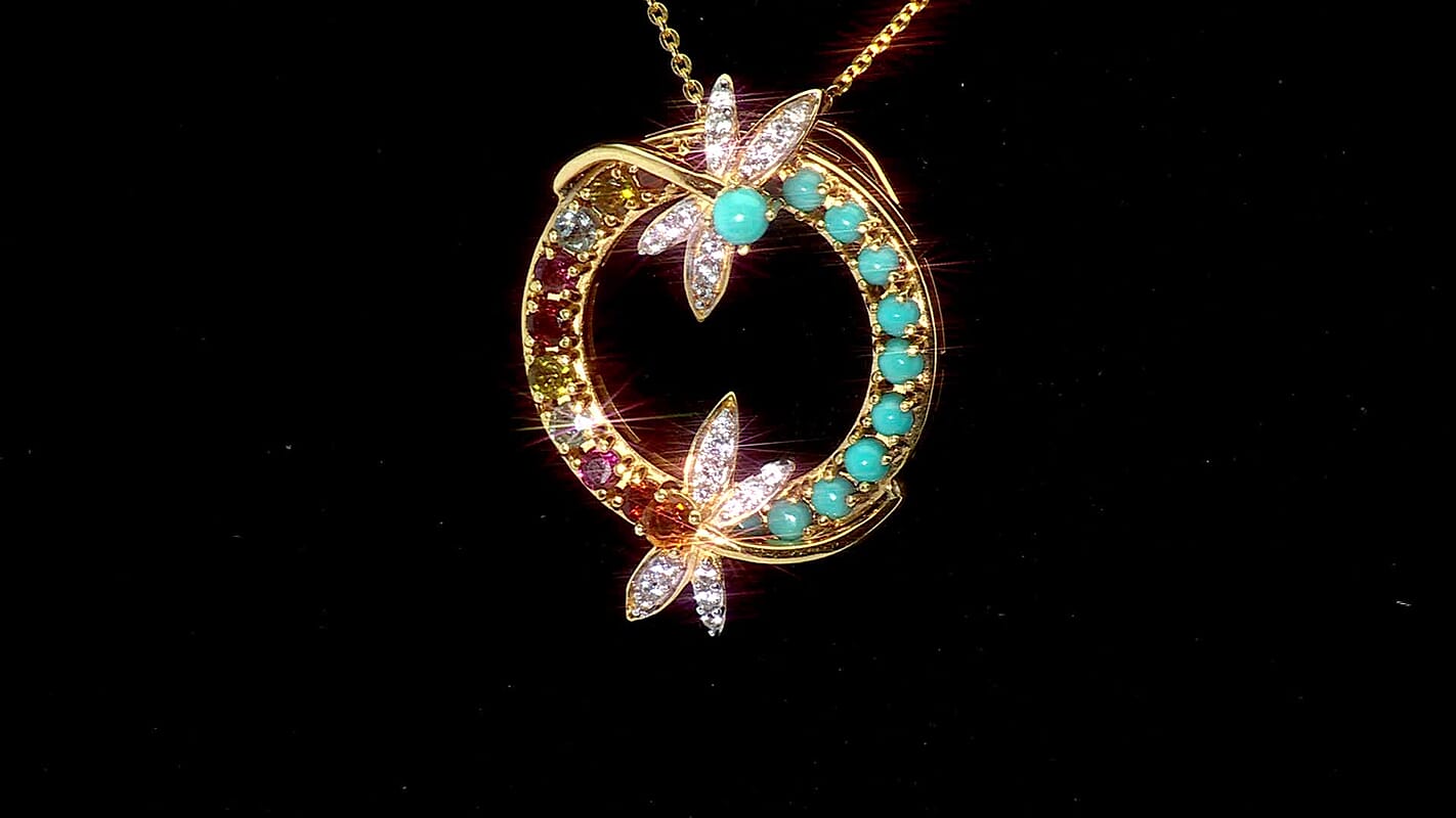 GP Trionfo Collection Multi-Tourmaline and White Zircon 2.60 ctw Dragonfly Pendant Necklace in 18K Vermeil Yellow Gold Over Sterling Silver 20 Inches