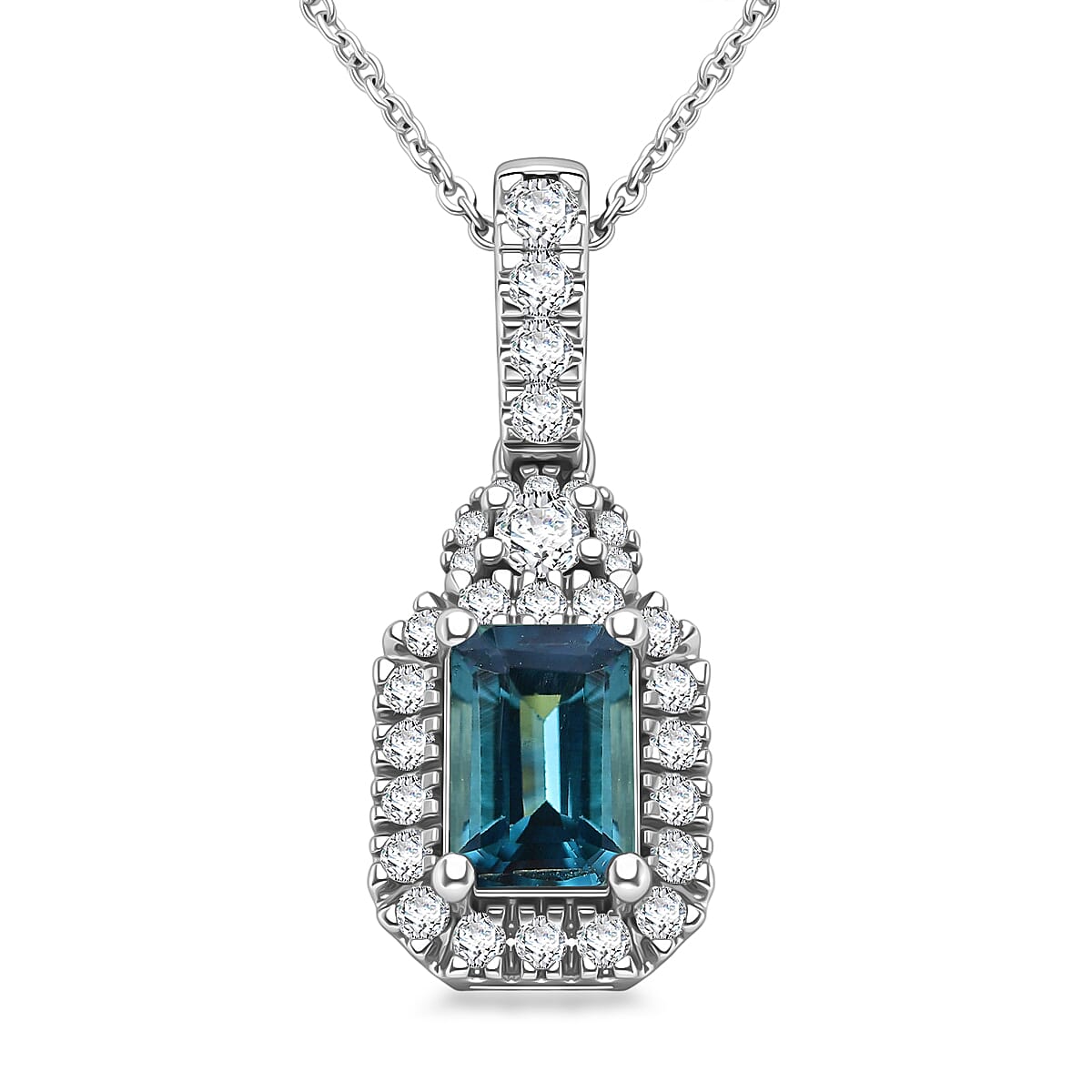 D'Joy AAA Monte Belo Indicolite and Moissanite 0.85 ctw Royal Ocean Halo Pendant Necklace in Rhodium Over Sterling Silver 20 Inches image number 0