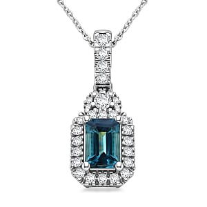 D'Joy AAA Monte Belo Indicolite and Moissanite 0.85 ctw Royal Ocean Halo Pendant Necklace in Rhodium Over Sterling Silver 20 Inches
