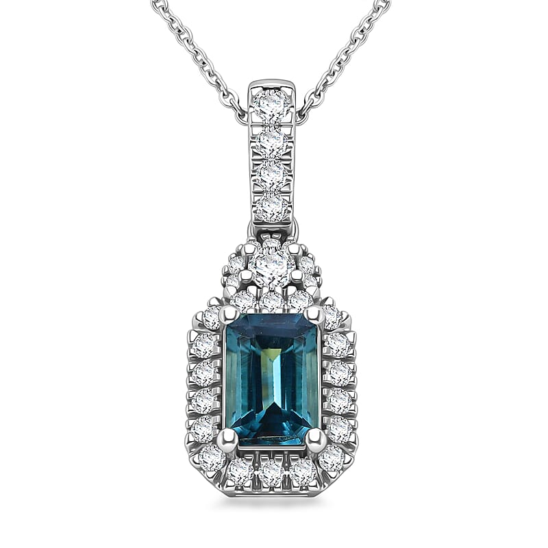 D'Joy AAA Monte Belo Indicolite and Moissanite 0.85 ctw Royal Ocean Halo Pendant Necklace in Rhodium Over Sterling Silver 20 Inches