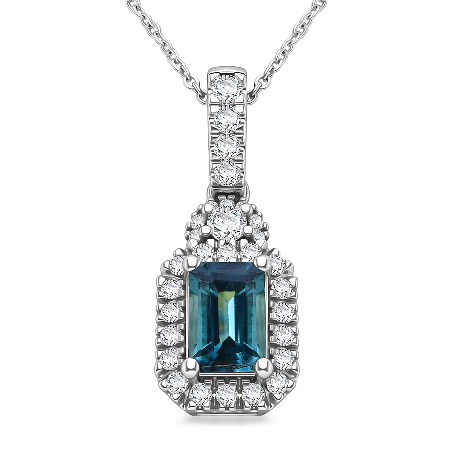 D'Joy AAA Monte Belo Indicolite and Moissanite 0.85 ctw Royal Ocean Halo Pendant Necklace in Rhodium Over Sterling Silver 20 Inc