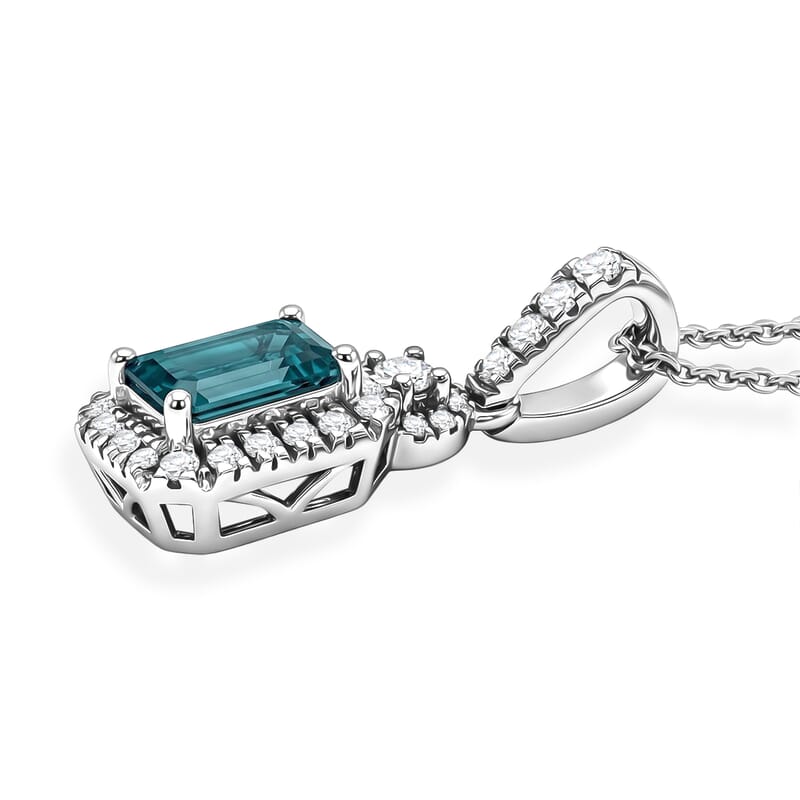 D'Joy AAA Monte Belo Indicolite and Moissanite 0.85 ctw Royal Ocean Halo Pendant Necklace in Rhodium Over Sterling Silver 20 Inches