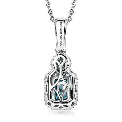 D'Joy AAA Monte Belo Indicolite and Moissanite 0.85 ctw Royal Ocean Halo Pendant Necklace in Rhodium Over Sterling Silver 20 Inches